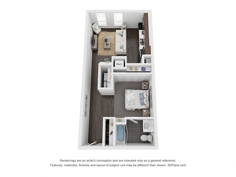 Floor plan for studio, 1 bath, 635 sqft
